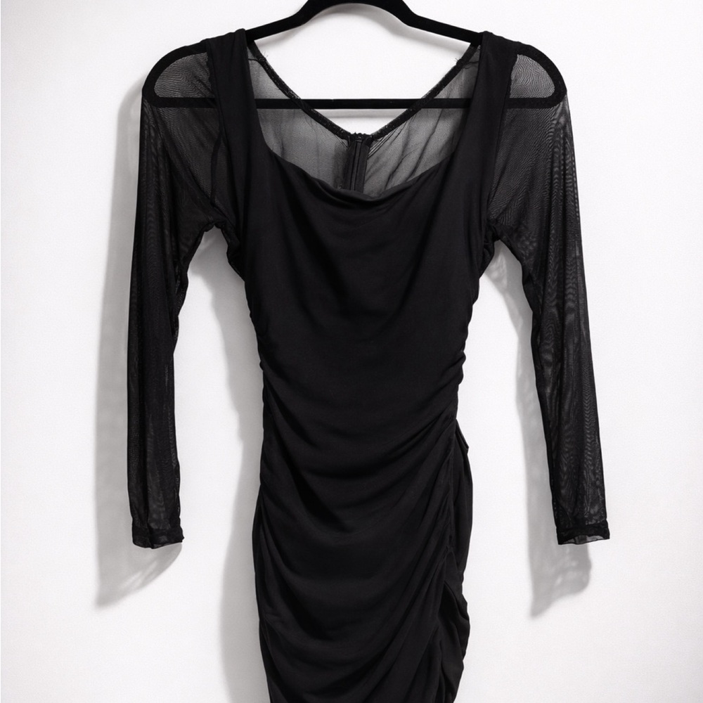 Chic Black Long Sleeve Dress with Mesh Detail